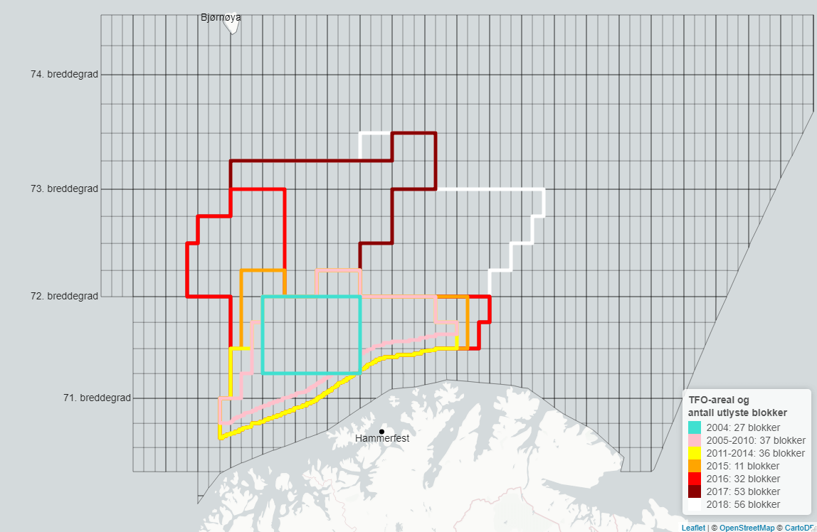 Kartet viser hvordan TFO-området i Barentshavet har blitt gradvis utvidet. I 2004 ble det lagt ut 27 blokker, i perioden 2005–2010 37 blokker, i perioden 2011–2014 36 blokker, i 2015 11 blokker, i 2016 32 blokker, i 2017 53 blokker og i 2018 56 blokker. 